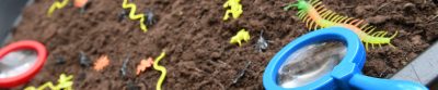 Close up of a dirt pit, with toy bugs and magnifying glass
